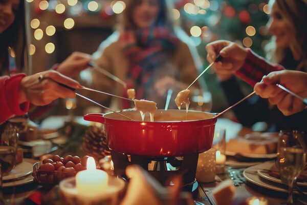 Friends enjoying a festive fondue dinner with warm lighting and a cozy atmosphere.
