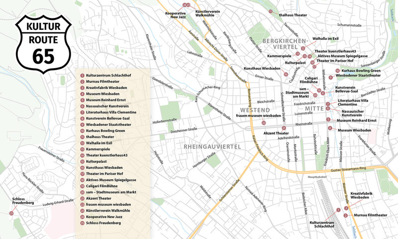 Wiesbadener Karte mit eingezeichneten Sehenswürdigkeiten und Loko Kultur Route