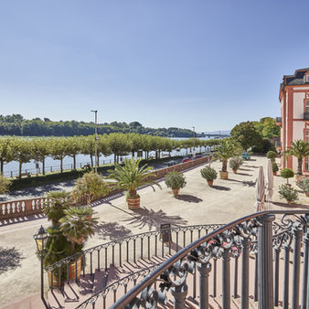 Ausblick auf den Rhein von der Treppe des Biebricher Schlosses