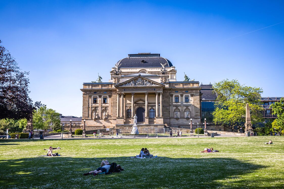 Historic theater with green spaces