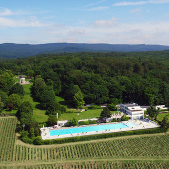 Luftaufnahme des Opelbades auf dem Neroberg inmitten des Weinbergs