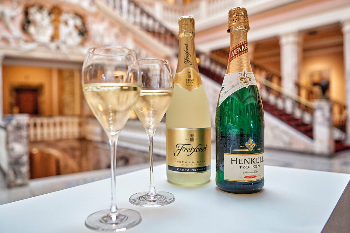 Henkell champagne bottles and glasses in the entrance hall