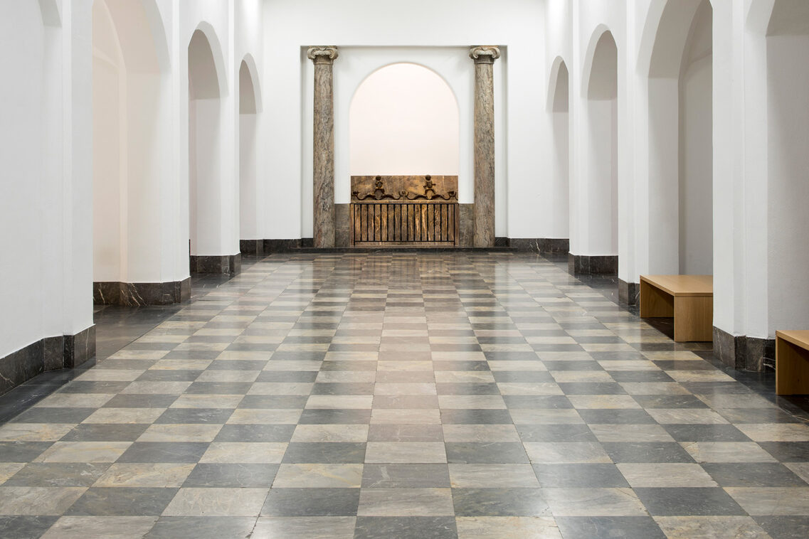 Black and white tiled hall in the museum