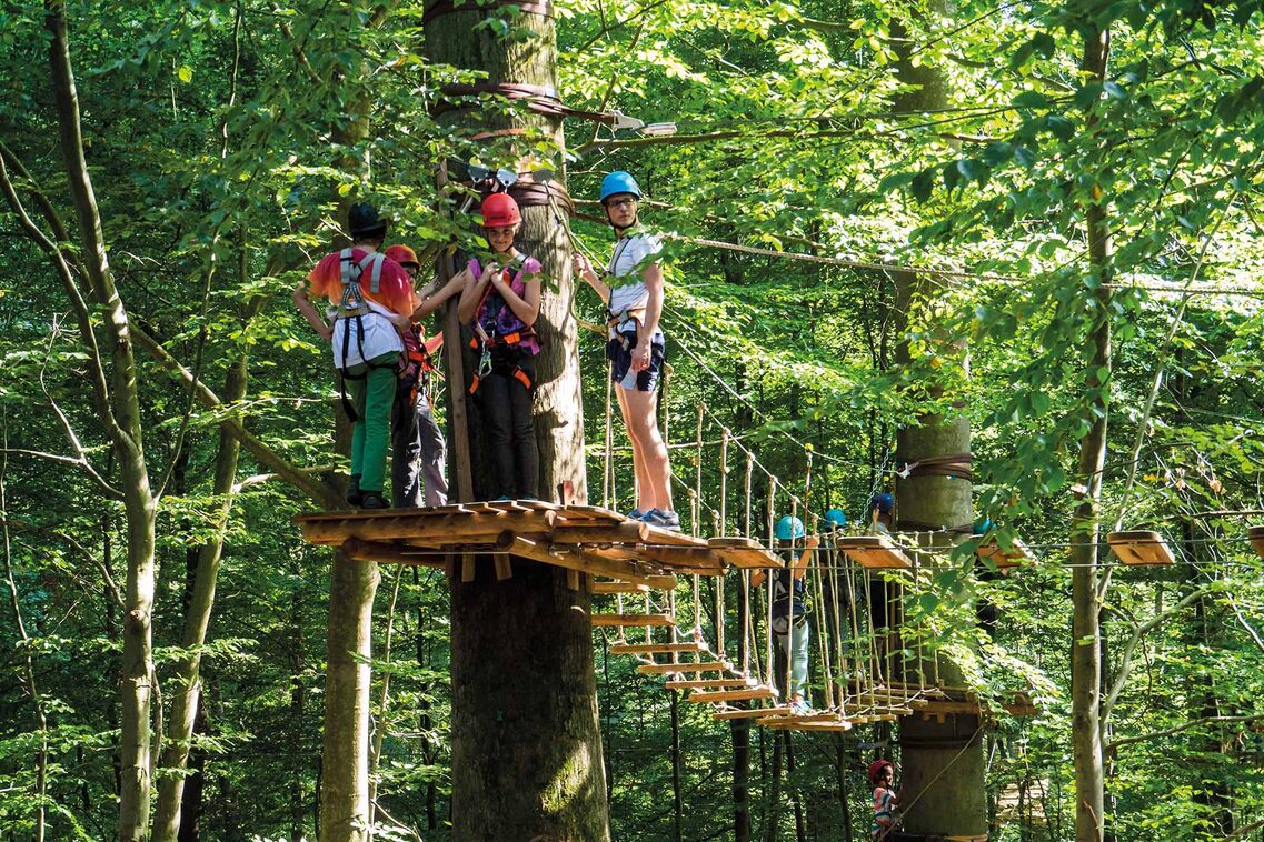 Erwachsene stehen auf Baum-Plattform im Kletterwald
