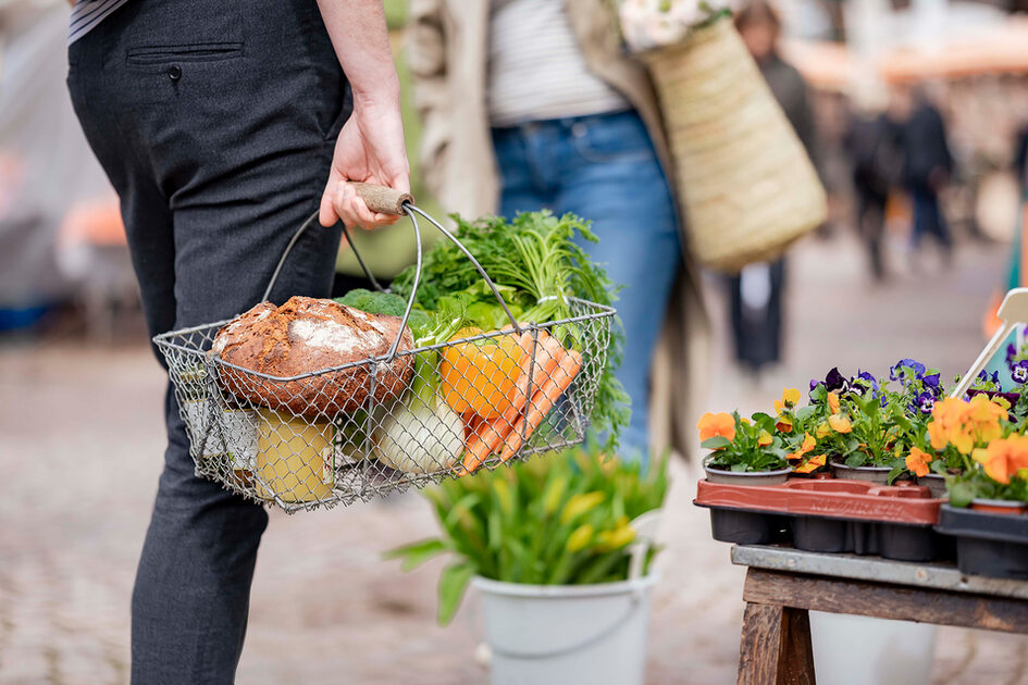 Drahtkorb mit Wochenmarkt-Einkauf