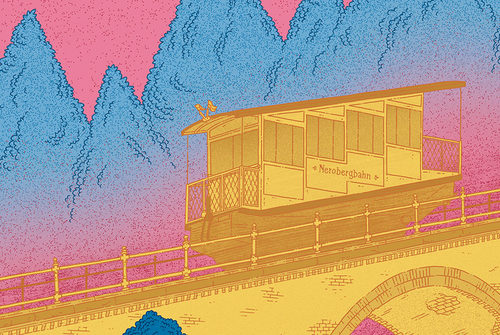 Zeichnung Nerobergbahn mit Wald in bunten Farben