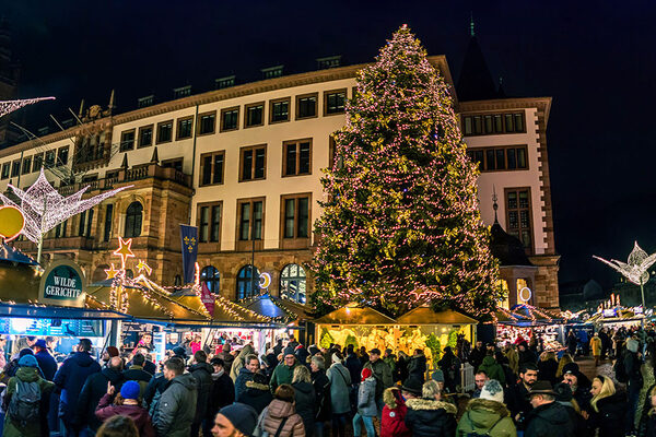 Der Sternschnuppenmarkt vor dem Rathaus mit Baum, Hütten und vielen Besucher-innen.