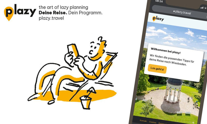 plazy Web-App: Blick vom Neroberg auf Wiesbaden/ Werbezeichnung mit Männchen im Liegestuhl