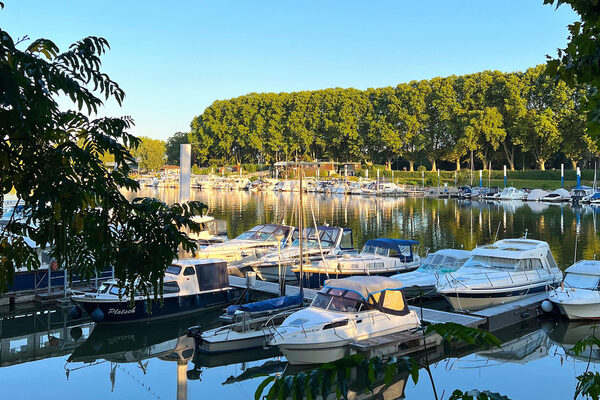 Zahlreiche Boote liegen im Wasser, im Hintergrund viel Grün.