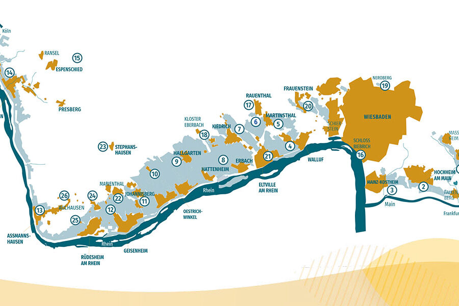 Karte mit Rhein und 26 Weinausflügen